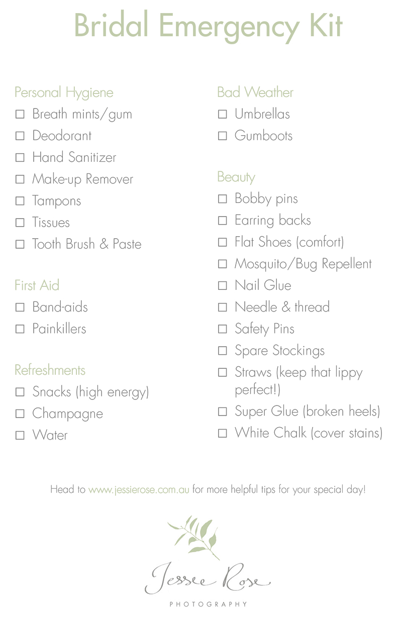Bridal Emergency Kit Checklist - Jessie Rose Photography
